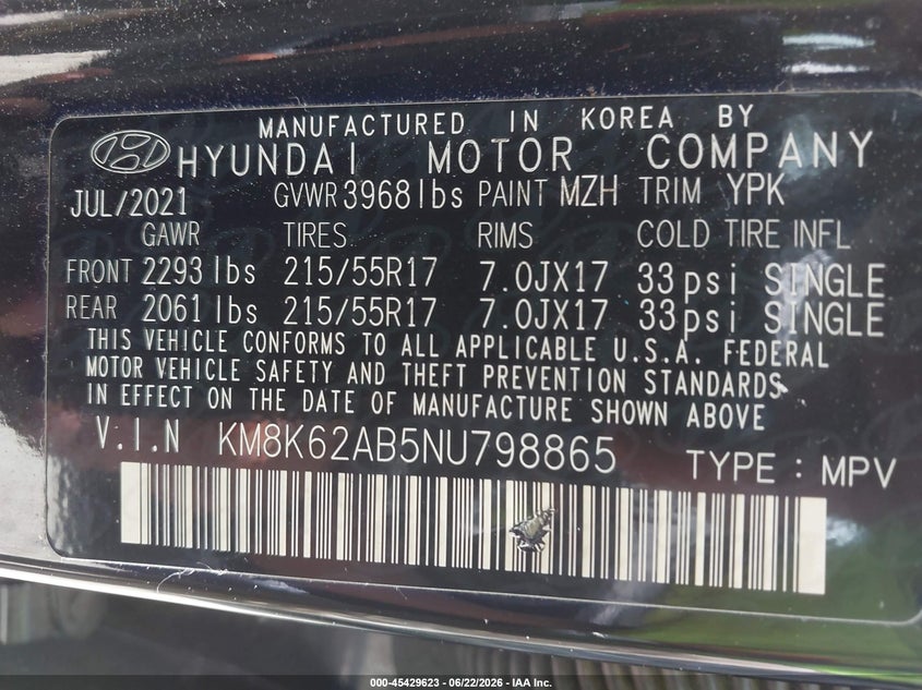 2022 Hyundai Kona VIN KM8K62AB5NU798865 IAAI salvage auction — FRONT END, Salvage (Georgia), sold $4,000 on 2026-07-28 (photo 9)