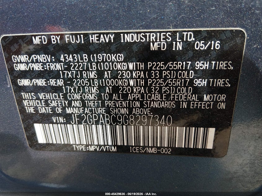 2016 Subaru Xv VIN JF2GPABC9G8297340 IAAI salvage auction — FRONT END, Salvage (Pennsylvania), sold $2,200 on 2026-07-17 (photo 9)