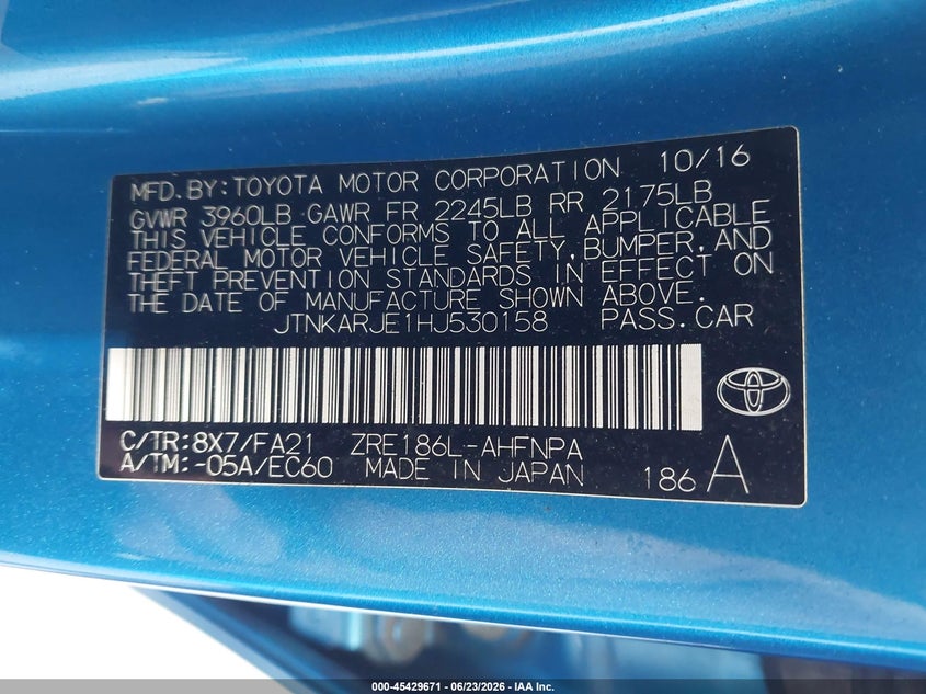 2017 Toyota Corolla VIN JTNKARJE1HJ530158 IAAI salvage auction — FRONT & REAR, Salvage Title, sold $3,325 on 2026-07-29 (photo 9)