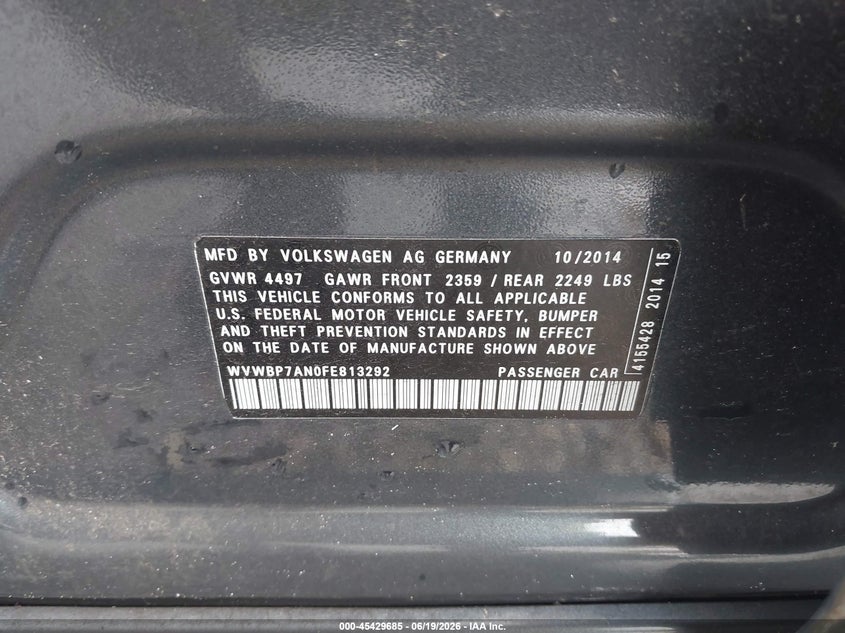 2015 Volkswagen Passat cc VIN WVWBP7AN0FE813292 IAAI salvage auction — FRONT END, Clear (Florida), sold $300 on 2026-07-07 (photo 9)