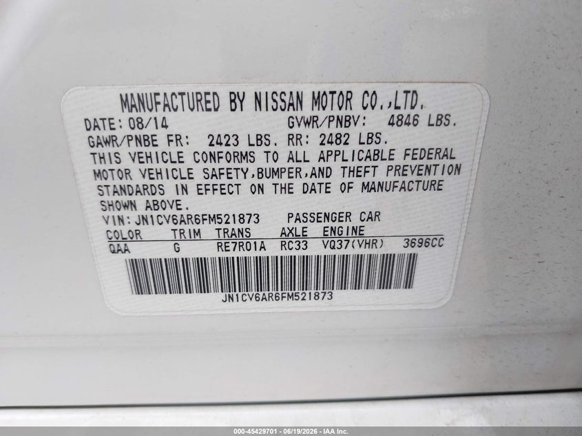 2015 Infiniti Q40 VIN JN1CV6AR6FM521873 IAAI salvage auction — FRONT END, Salvage Title, sold $1,100 on 2026-07-28 (photo 9)