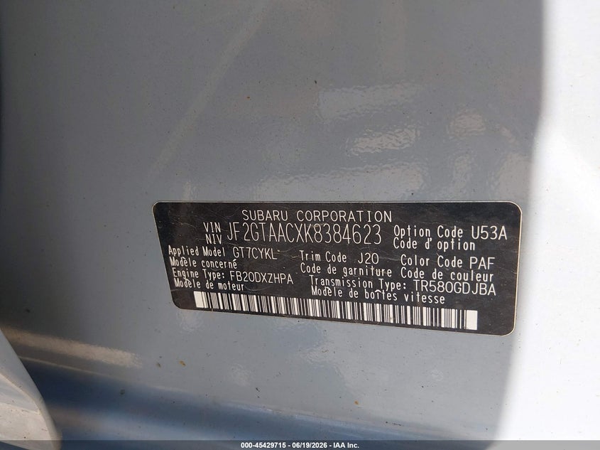 2019 Subaru Xv VIN JF2GTAACXK8384623 IAAI salvage auction — ROLLOVER, Mv-907A (New York), sold $400 on 2026-07-09 (photo 9)
