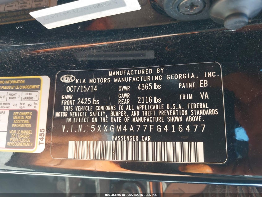 2015 Kia Optima VIN 5XXGM4A77FG416477 IAAI salvage auction — FRONT END, Salvage (Ohio), sold $650 on 2026-07-28 (photo 9)