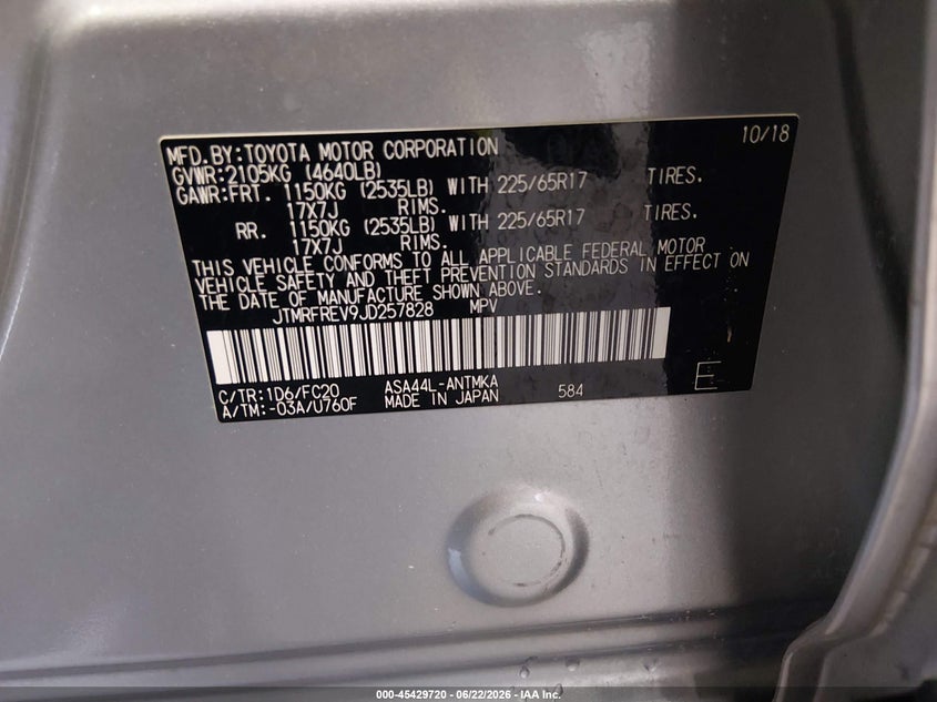 2018 Toyota VIN JTMRFREV9JD257828 IAAI salvage auction — HAIL, Salvage (Iowa), sold $8,600 on 2026-07-21 (photo 9)
