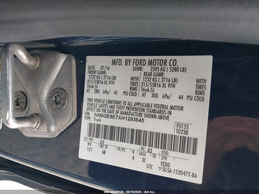 2017 Ford Transit VIN NM0GE9E7XH1293645 IAAI salvage auction — NORMAL WEAR, Salvage Title, sold $625 on 2026-07-29 (photo 9)