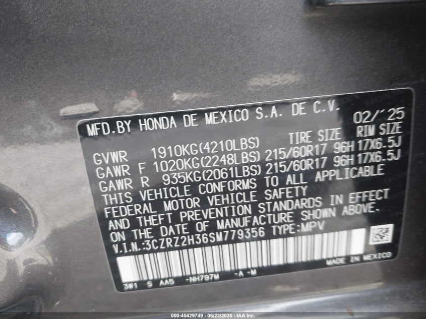 2025 Honda Hr-v VIN 3CZRZ2H36SM779356 IAAI salvage auction — RIGHT SIDE, Salvage Title, sold $7,600 on 2026-07-28 (photo 9)