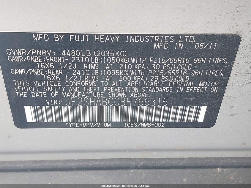 2011 Subaru Forester VIN JF2SHABC0BH766315 IAAI salvage auction — NORMAL WEAR, Clear (Delaware), sold $400 on 2026-07-27 (photo 9)