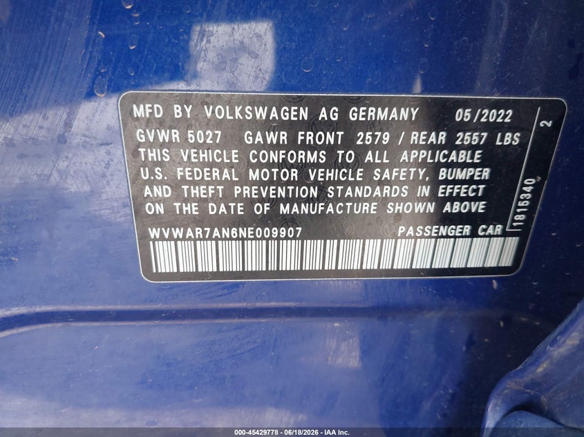 2022 Volkswagen Arteon VIN WVWAR7AN6NE009907 IAAI salvage auction — FRONT END, Salvage Title, sold $5,500 on 2026-08-14 (photo 9)