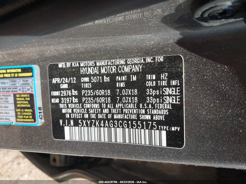 2012 Hyundai Santa fe VIN 5XYZK4AG3CG155175 IAAI salvage auction — RIGHT FRONT, Salvage (Alabama), sold $950 on 2026-07-08 (photo 9)