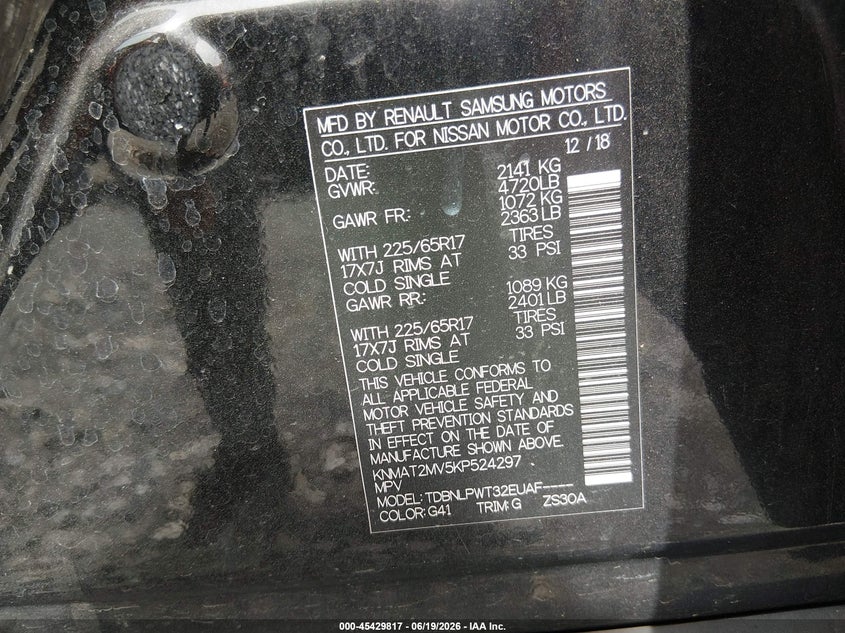 2019 Nissan Rogue VIN KNMAT2MV5KP524297 IAAI salvage auction — FRONT END, Salvage Title, sold $2,400 on 2026-08-01 (photo 9)