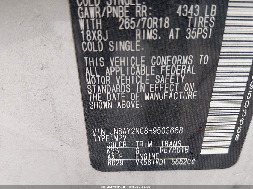 2017 Nissan Armada VIN JN8AY2NC8H9503668 IAAI salvage auction — FRONT & REAR, Salvage (Alabama), sold $3,750 on 2026-07-22 (photo 9)