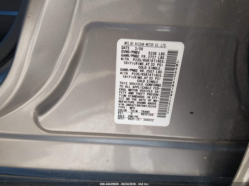 2009 Nissan Murano VIN JN8AZ18W79W125200 IAAI salvage auction — NORMAL WEAR, Regular Certificate (Iowa), sold $375 on 2026-07-13 (photo 9)