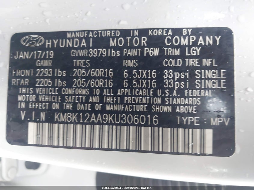 2019 Hyundai Kona VIN KM8K12AA9KU306016 IAAI salvage auction — FRONT END, Salvage (North Carolina), sold $5,500 on 2026-07-08 (photo 9)