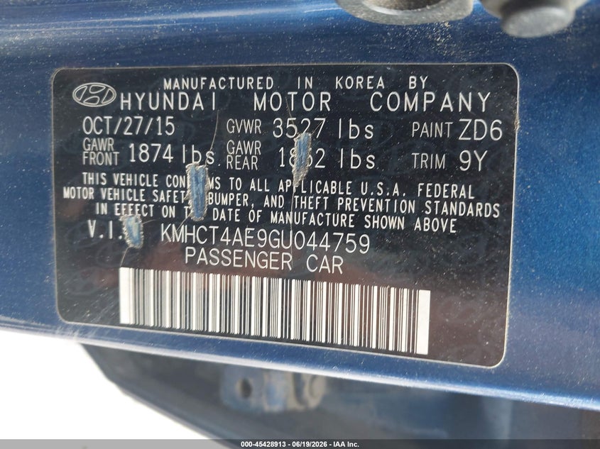2016 Hyundai Accent VIN KMHCT4AE9GU044759 IAAI salvage auction — FRONT END, Salvage - Greater Than 75% (Maryland), sold $850 on 2026-07-09 (photo 9)