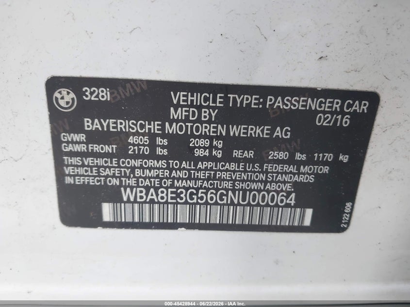 2016 BMW 3 series VIN WBA8E3G56GNU00064 IAAI salvage auction — NORMAL WEAR, Clear (New Jersey), sold $1,300 on 2026-07-11 (photo 9)