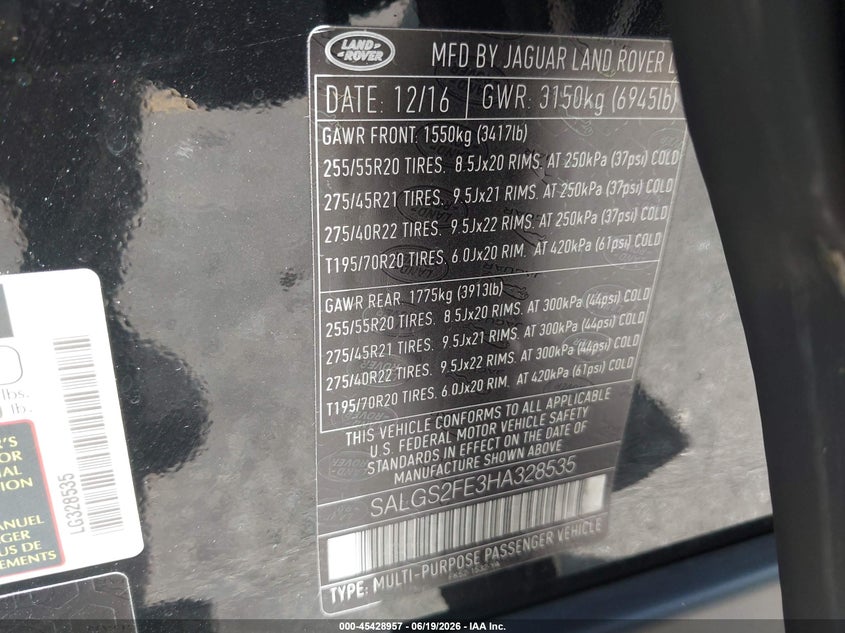 2017 Land rover RANGE ROVER VIN SALGS2FE3HA328535 IAAI salvage auction — FRONT END, Rebuildable (Florida), sold $10,000 on 2026-07-29 (photo 9)