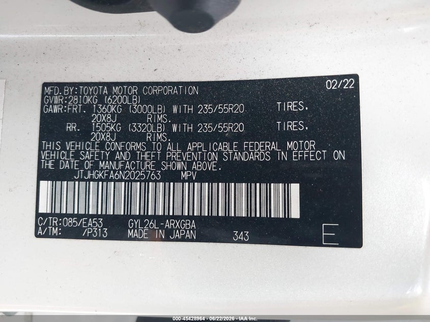 2022 Lexus Rx VIN JTJHGKFA6N2025763 IAAI salvage auction — FRONT END, Mv-907A (New York), sold $3,100 on 2026-07-28 (photo 9)