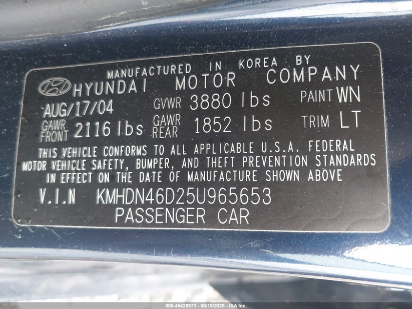 2005 Hyundai Elantra VIN KMHDN46D25U965653 IAAI salvage auction — RIGHT FRONT, Clear (Georgia), sold $675 on 2026-07-10 (photo 9)