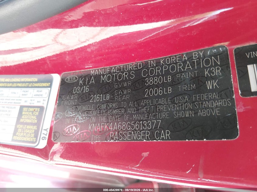 2016 Kia Forte VIN KNAFK4A68G5613377 IAAI salvage auction — STORM DAMAGE, Clear (Indiana), sold $1,250 on 2026-07-22 (photo 9)