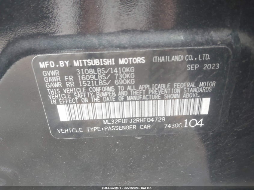 2024 Mitsubishi Mirage VIN ML32FUFJ2RHF04729 IAAI salvage auction — LEFT FRONT, Salvage Title, sold $2,600 on 2026-08-01 (photo 9)