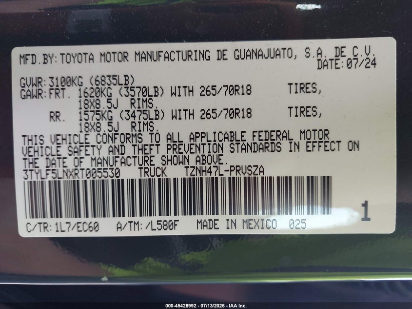 2024 Toyota Tacoma VIN 3TYLF5LNXRT005530 IAAI salvage auction — FRONT END, Salvage (Tennessee), sold $29,500 on 2026-07-30 (photo 9)