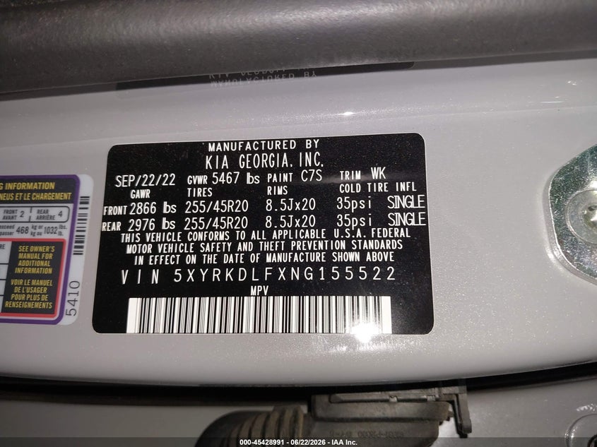 2022 Kia Sorento VIN 5XYRKDLFXNG155522 IAAI salvage auction — FRONT END, Wait Title, sold $6,800 on 2026-08-01 (photo 9)