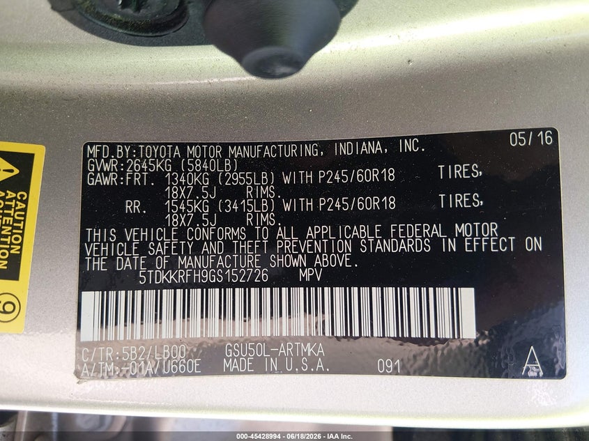 2016 Toyota Highlander VIN 5TDKKRFH9GS152726 IAAI salvage auction — FRONT END, Clear (South Carolina), sold $6,700 on 2026-07-22 (photo 9)