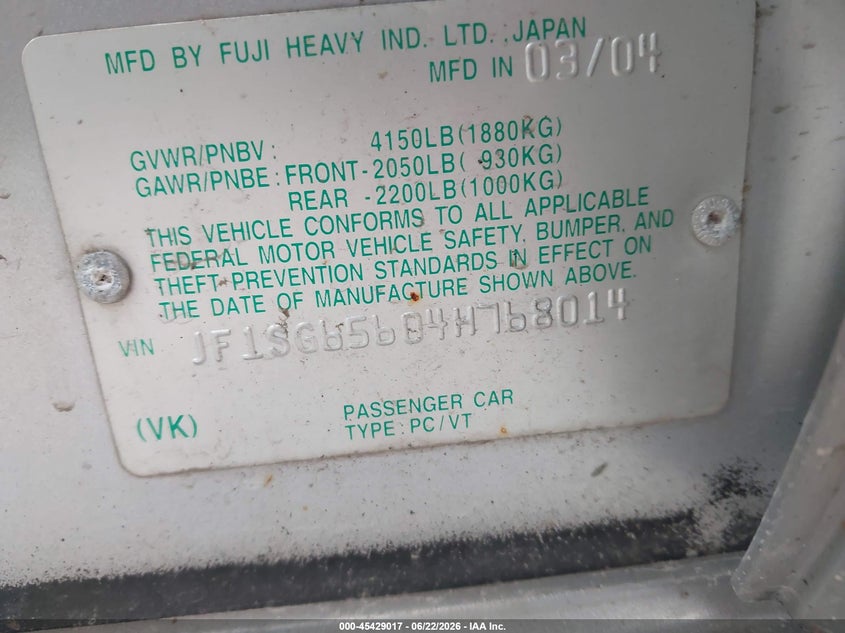 2004 Subaru Forester VIN JF1SG65604H768014 IAAI salvage auction — FRONT END, Mv-907A (New York), sold $375 on 2026-07-09 (photo 9)