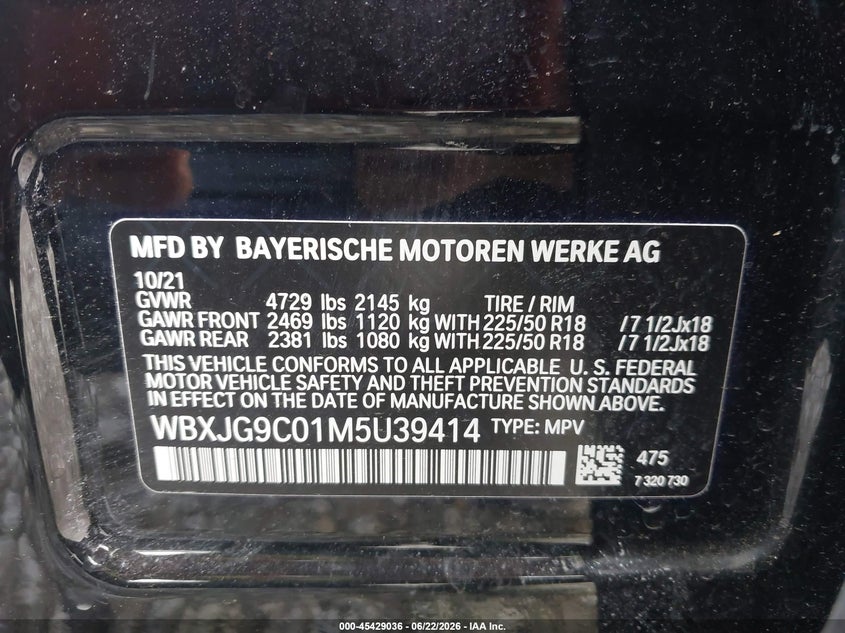 2021 BMW X1 VIN WBXJG9C01M5U39414 IAAI salvage auction — FRONT END, Salvage (Tennessee), sold $7,900 on 2026-07-09 (photo 9)