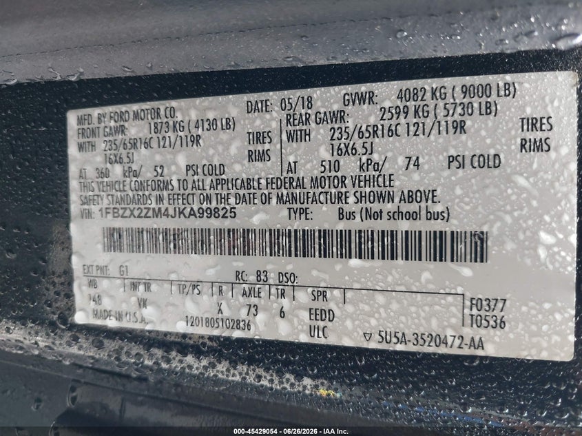 2018 Ford Transit-350 VIN 1FBZX2ZM4JKA99825 IAAI salvage auction — NORMAL WEAR, Sf97 (New York), sold $21,000 on 2026-07-23 (photo 9)