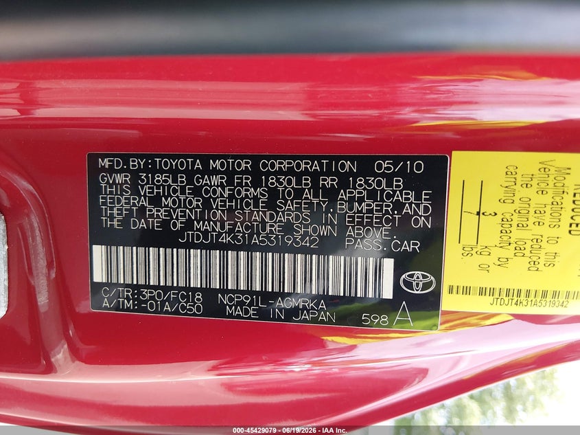 2010 Toyota Yaris VIN JTDJT4K31A5319342 IAAI salvage auction — FRONT END, Salvage (New Jersey), sold $625 on 2026-07-27 (photo 9)