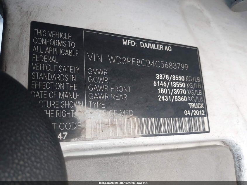 2012 Mercedes-benz Sprinter VIN WD3PE8CB4C5683799 IAAI salvage auction — RIGHT SIDE, Clear (Florida), sold $1,650 on 2026-07-29 (photo 9)