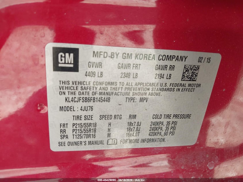 2015 Buick Encore VIN KL4CJFSB6FB145448 IAAI salvage auction — NORMAL WEAR, Original (Texas), sold $1,550 on 2026-07-13 (photo 9)