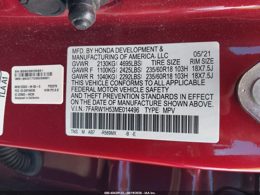 2021 Honda Cr-v VIN 7FARW1H53ME014496 IAAI salvage auction — FRONT END, Salvage (Virginia), sold $5,700 on 2026-07-11 (photo 9)