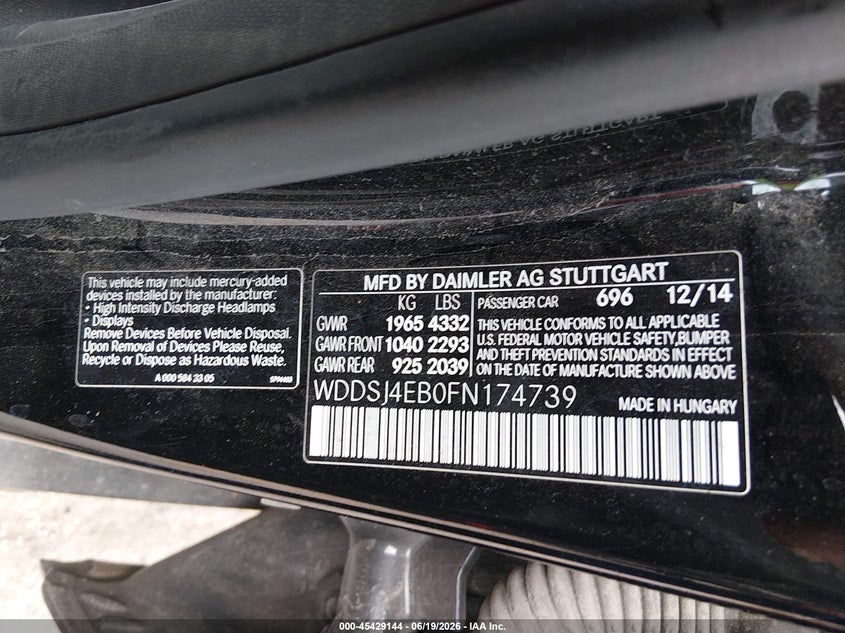 2015 Mercedes-benz Cla-klasse VIN WDDSJ4EB0FN174739 IAAI salvage auction — FRONT END, Salvage (Texas), sold $1,575 on 2026-07-15 (photo 9)