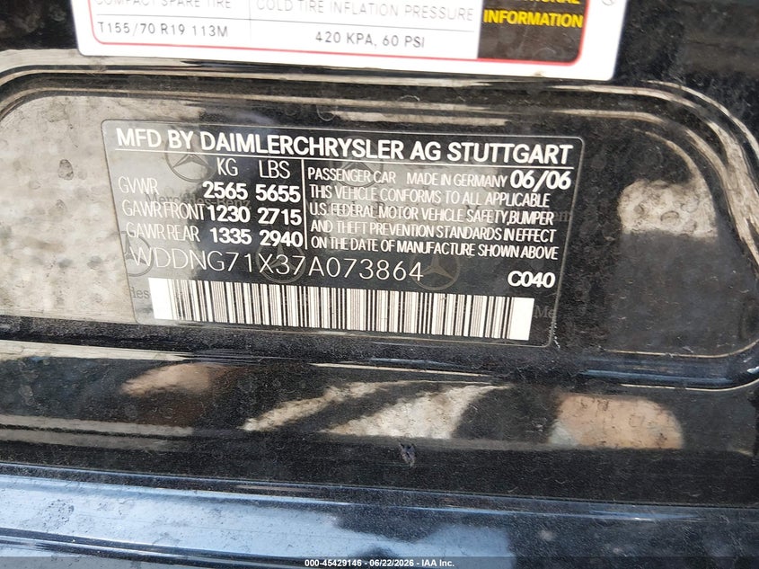 2007 Mercedes-benz S-klasse VIN WDDNG71X37A073864 IAAI salvage auction — FRONT END, Salvage (Illinois), sold $150 on 2026-07-28 (photo 9)