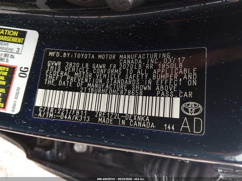 2017 Toyota Corolla VIN 2T1BURHE0HC878658 IAAI salvage auction — RIGHT SIDE, Salvage Title, sold $3,300 on 2026-07-18 (photo 9)