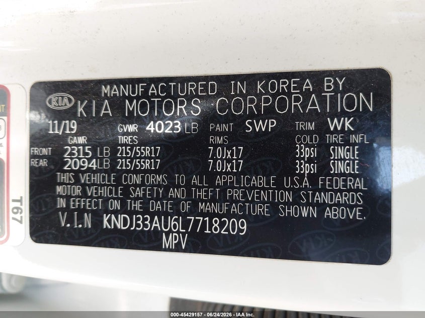 2020 Kia Soul VIN KNDJ33AU6L7718209 IAAI salvage auction — NORMAL WEAR, Original (Texas), sold $5,050 on 2026-07-13 (photo 9)