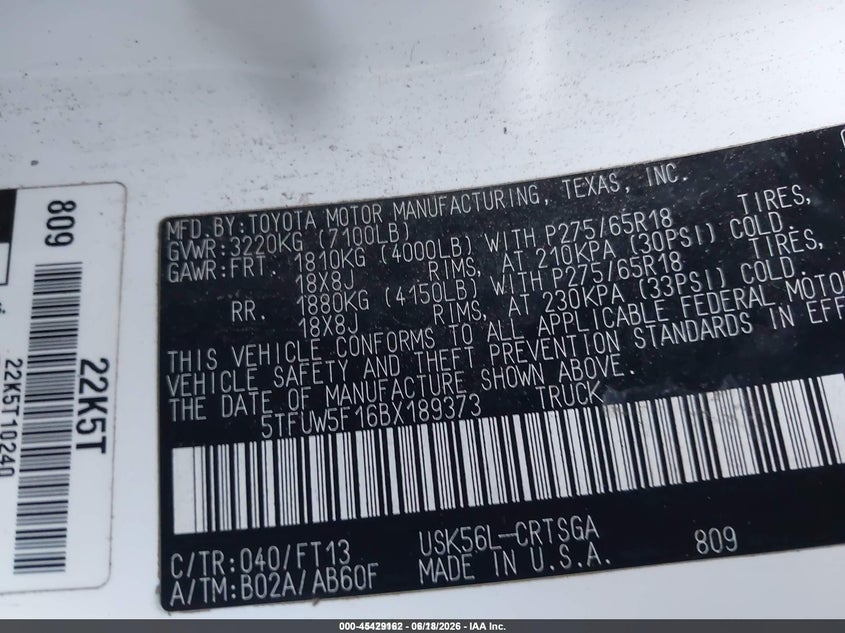 2011 Toyota Tundra VIN 5TFUW5F16BX189373 IAAI salvage auction — REAR END, Clear (Montana), sold $3,100 on 2026-07-08 (photo 9)