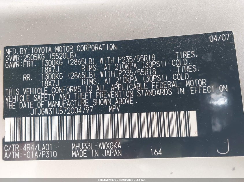 2007 Lexus Rx VIN JTJGW31U572004797 IAAI salvage auction — NORMAL WEAR, Salvage (California), sold $925 on 2026-07-29 (photo 9)