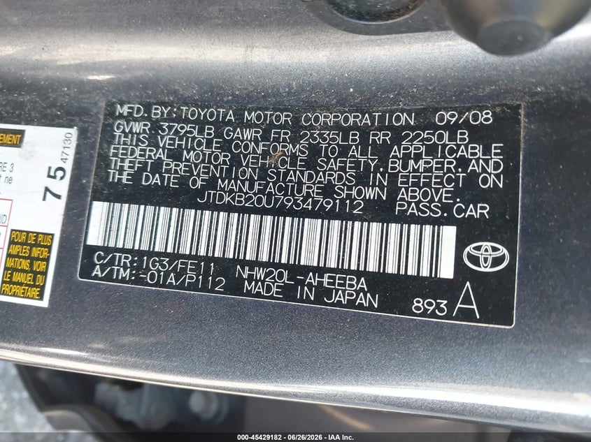 2009 Toyota Prius VIN JTDKB20U793479112 IAAI salvage auction — RIGHT FRONT, Mv-907A (New York), sold $475 on 2026-07-07 (photo 9)