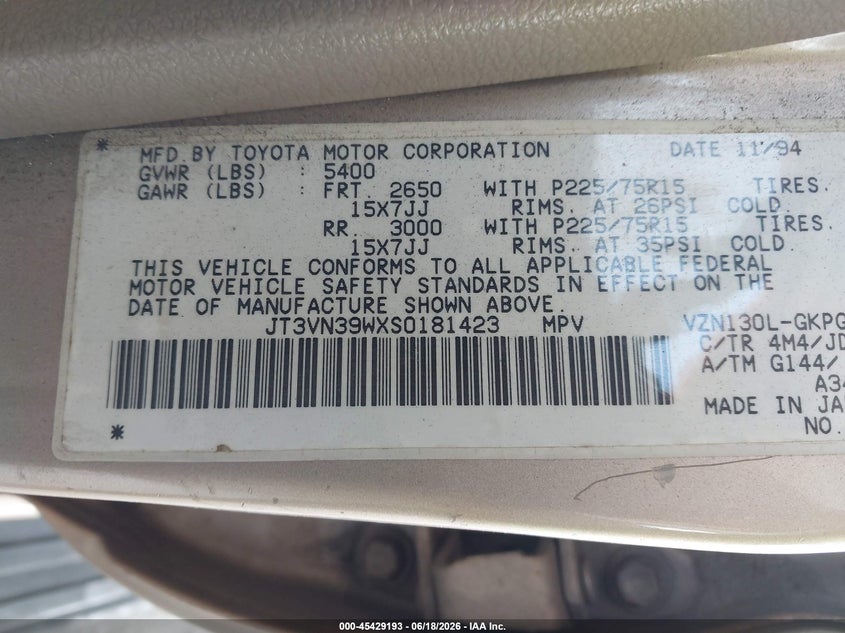 1995 Toyota 4runner VIN JT3VN39WXS0181423 IAAI salvage auction — NORMAL WEAR, Clear (Florida), sold $1,000 on 2026-07-14 (photo 9)