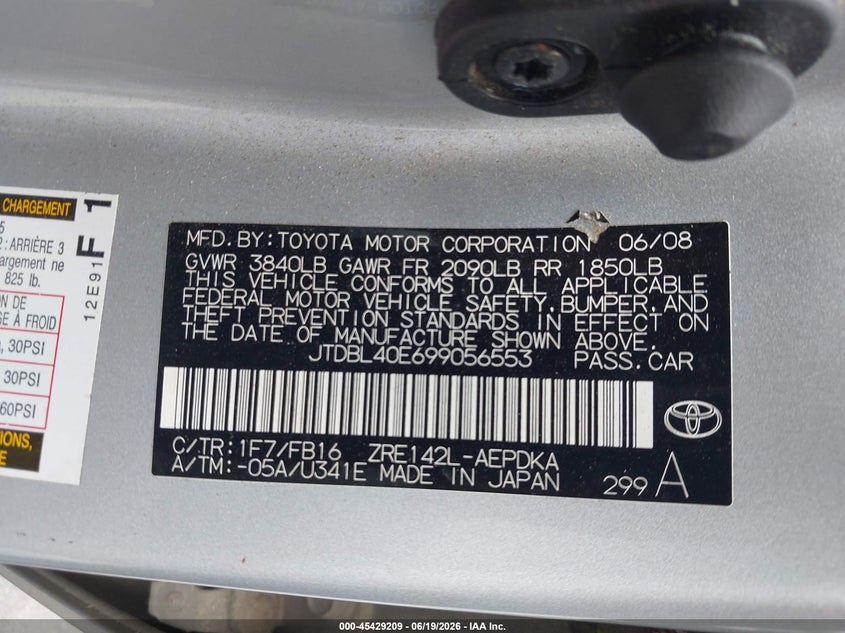 2009 Toyota Corolla VIN JTDBL40E699056553 IAAI salvage auction — REAR END, Salvage (North Carolina), sold $25 on 2026-07-22 (photo 9)