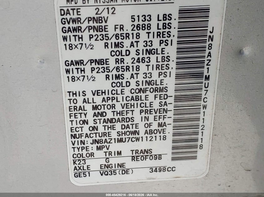 2012 Nissan Murano VIN JN8AZ1MU7CW112118 IAAI salvage auction — NORMAL WEAR, Clear (Louisiana), sold $350 on 2026-07-21 (photo 9)