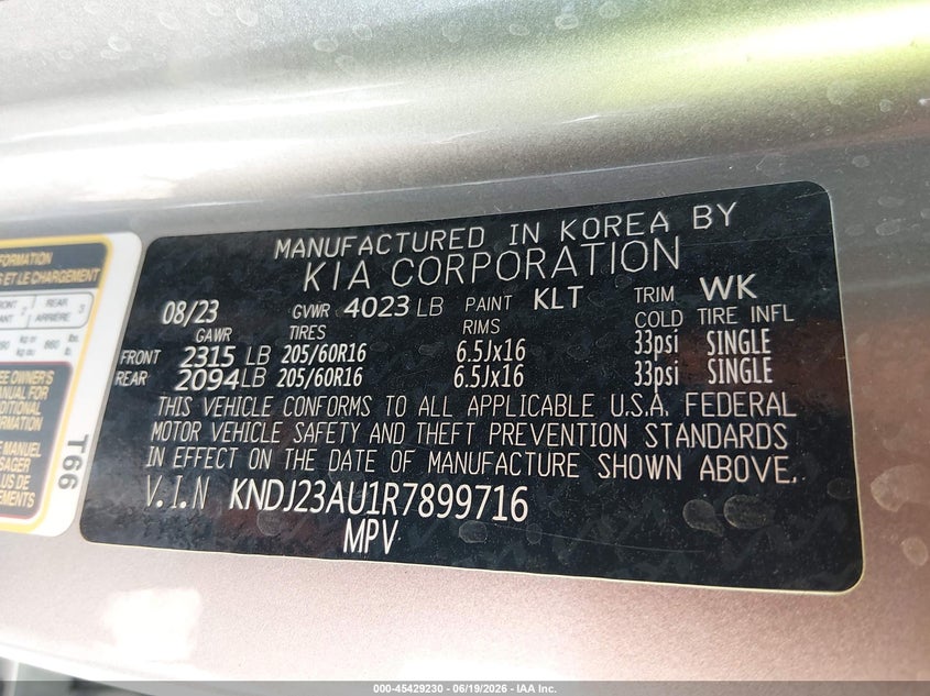 2024 Kia Soul VIN KNDJ23AU1R7899716 IAAI salvage auction — LEFT SIDE, Salvage (Indiana), sold $4,100 on 2026-07-22 (photo 9)