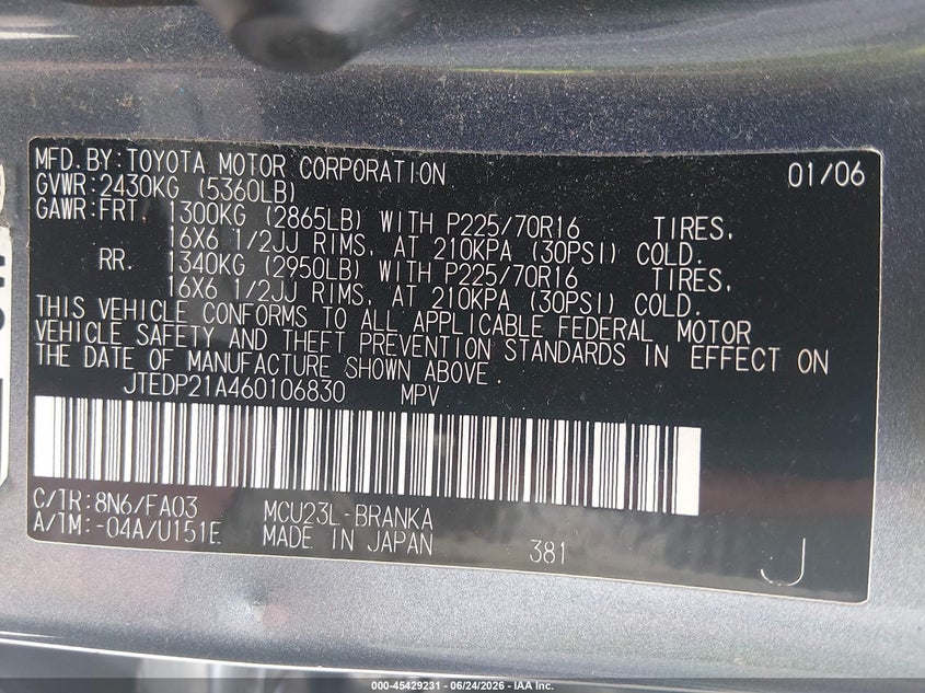 2006 Toyota Highlander VIN JTEDP21A460106830 IAAI salvage auction — NORMAL WEAR, Clear (Missouri), sold $4,250 on 2026-07-07 (photo 9)
