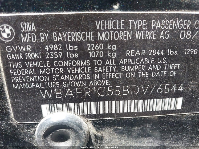 2011 BMW 5 series VIN WBAFR1C55BDV76544 IAAI salvage auction — FRONT END, Salvage (North Carolina), sold $1,100 on 2026-07-22 (photo 9)