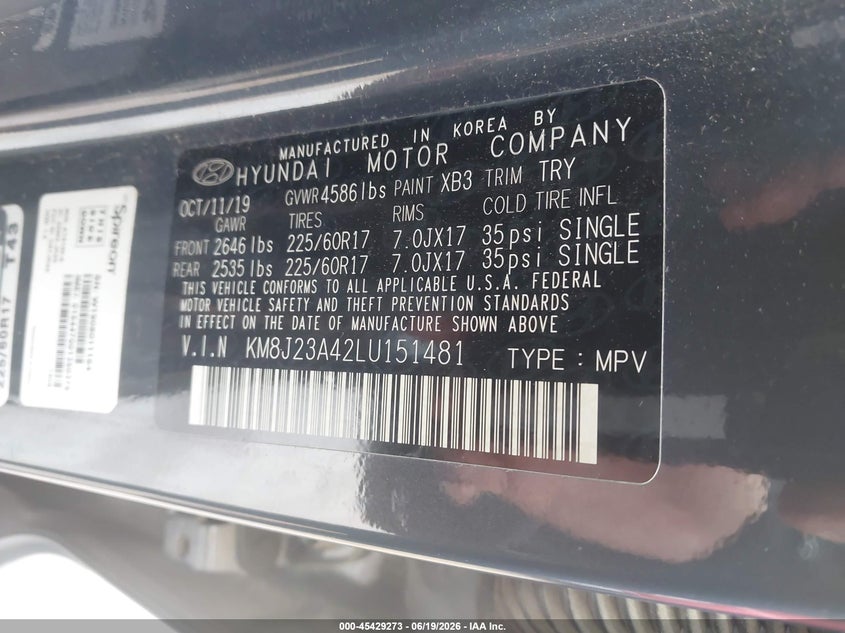 2020 Hyundai Tucson VIN KM8J23A42LU151481 IAAI salvage auction — NORMAL WEAR, Original (Texas), sold $4,600 on 2026-07-21 (photo 9)
