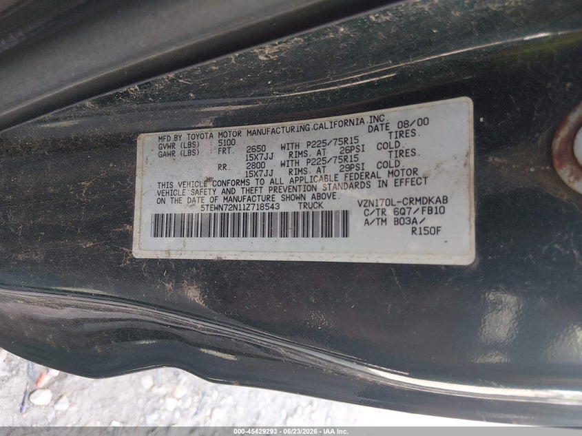 2001 Toyota Tacoma VIN 5TEWN72N11Z718543 IAAI salvage auction — NORMAL WEAR, Clear-Endorsement (Wisconsin), sold $525 on 2026-07-09 (photo 9)