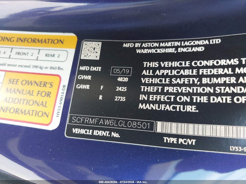 2020 Aston martin Db11 VIN SCFRMFAW6LGL08501 IAAI salvage auction — FRONT END, Wait Title, sold $43,000 on 2026-09-15 (photo 9)